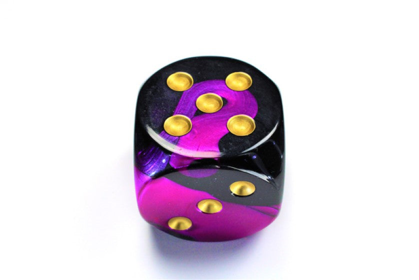 Black and Purple and Gold die showing 5 and 3 faces with gold pips visible, on a white background