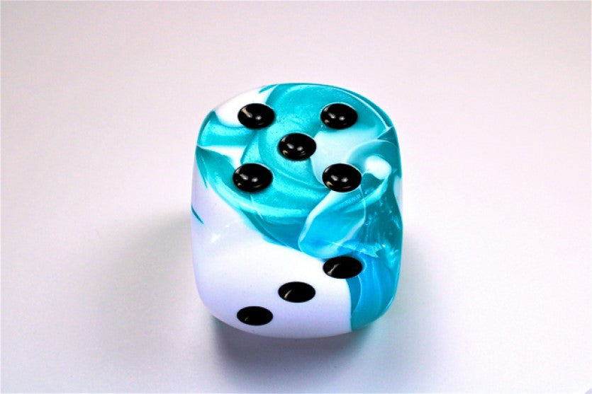 Teal White and Black die showing 5 and 3 faces with black pips visible, on a white background
