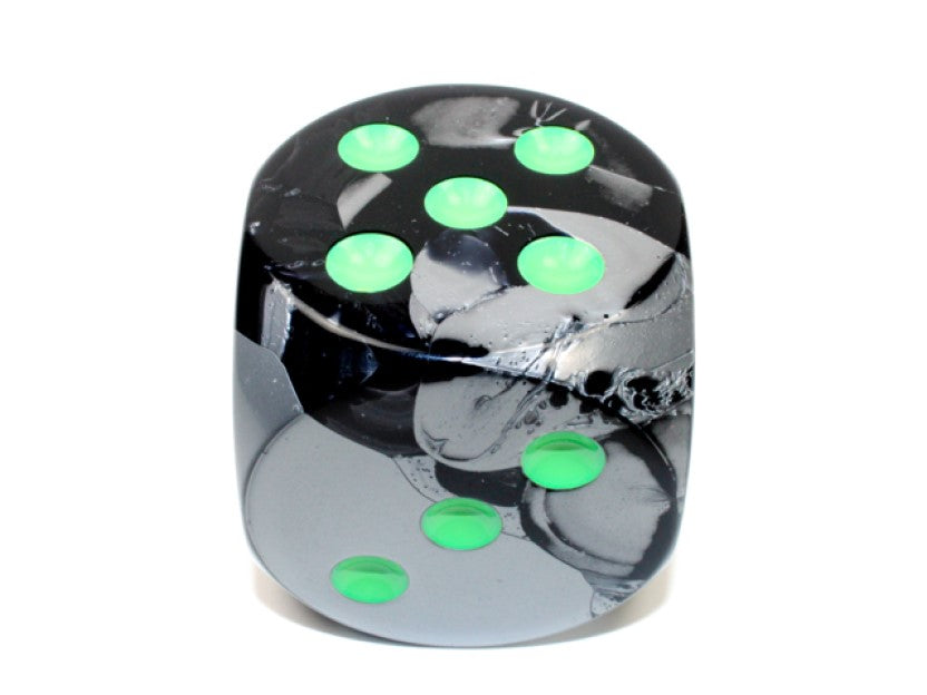 Black Grey and Green die showing 5 and 3 faces with green pips visible, on a white background