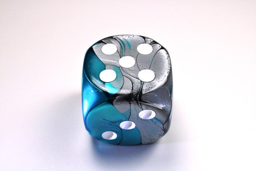 Steel Teal and White die showing 5 and 3 faces with white pips visible, on a white background