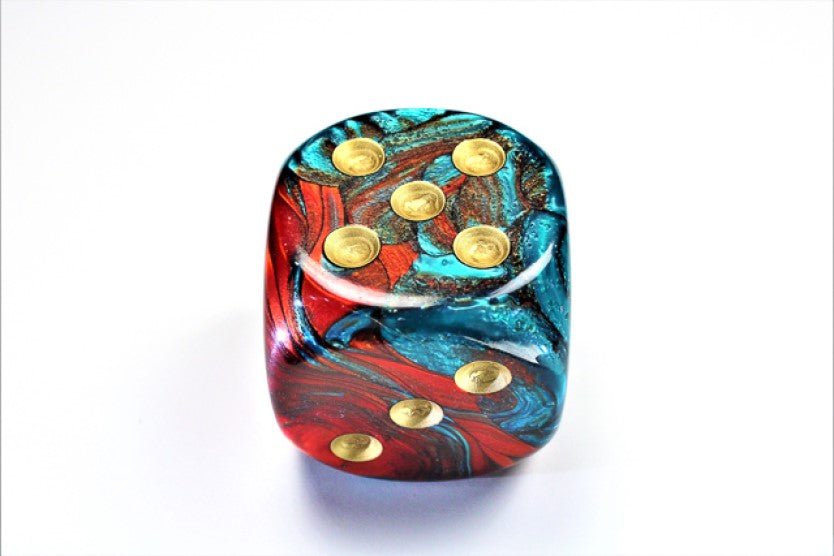 Red Teal and Gold die showing 5 and 3 faces with gold pips visible, on a white background