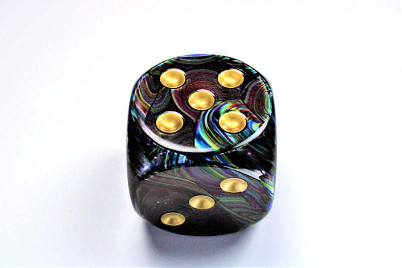 Shadow and Gold die showing 5 and 3 faces with gold pips visible, on a white background