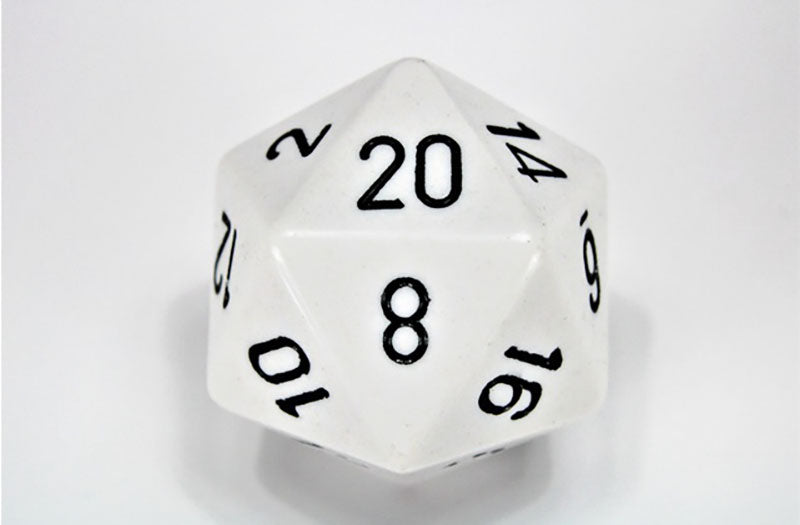 White d20 gaming die with white numbers, 8 facing up