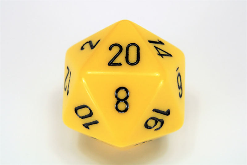 Yellow d20 gaming die with white numbers, 8 facing up
