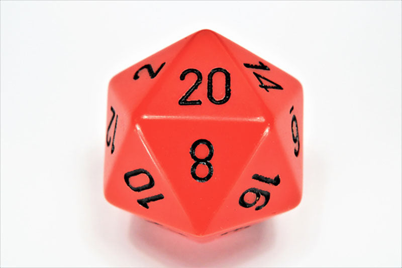 Orange d20 gaming die with white numbers, 8 facing up