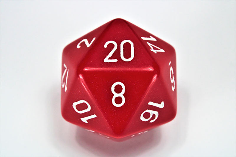 Red d20 gaming die with white numbers, 8 facing up