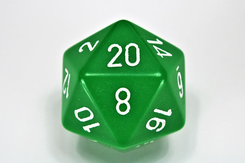 Green d20 gaming die with white numbers, 8 facing up