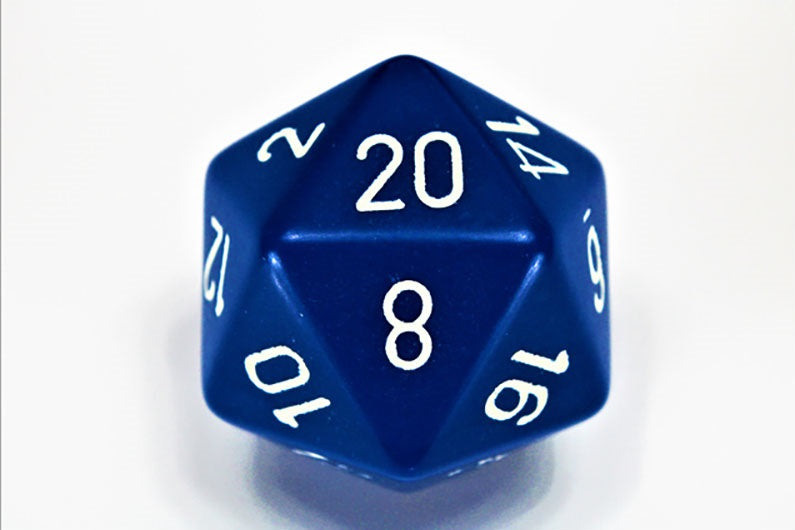 Blue d20 die with white numbers, 20 visible on top, 8 centered below, on a white background