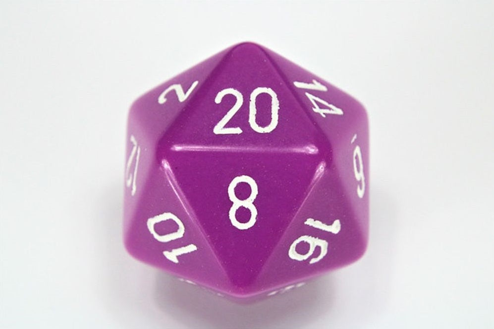 Light Purple d20 gaming die with white numbers, 8 facing up