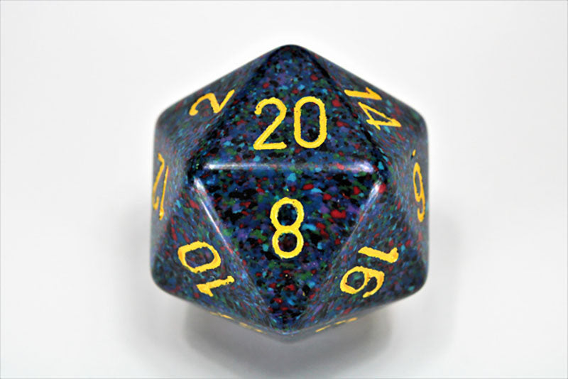 Dark blue D20 die with colorful speckles and yellow numbers, showing 20 and 8
