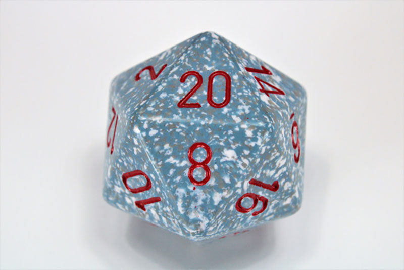 Blue - gray d20 die with red numbers, showing 20 visible at the top