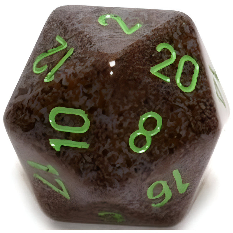 Marbled dark brown d20 die with bright green numbers