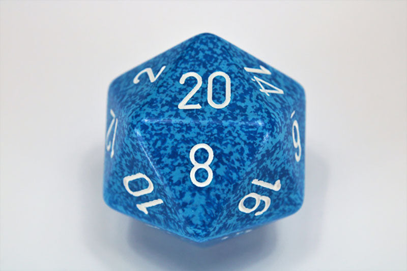 Mottled blue d20 die with red numbers, showing 20 visible at the top