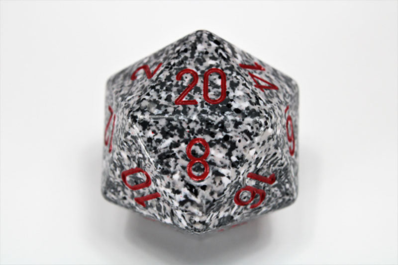 Speckled gray, white, and black d20 die with red numbers, showing 20 visible at the top