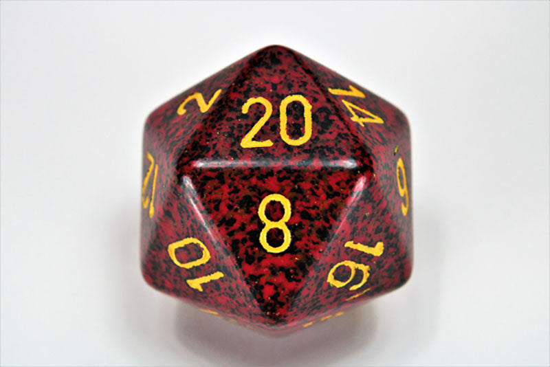 Speckled red and black d20 die with red numbers, showing 20 visible at the top
