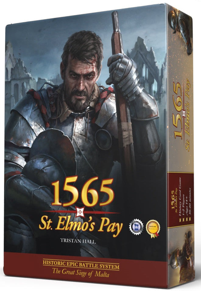 1565 St Elmo's Pay card game box with a grizzled soldier in armor holding a musket against a ruined castle backdrop Historic Epic Battle System text below