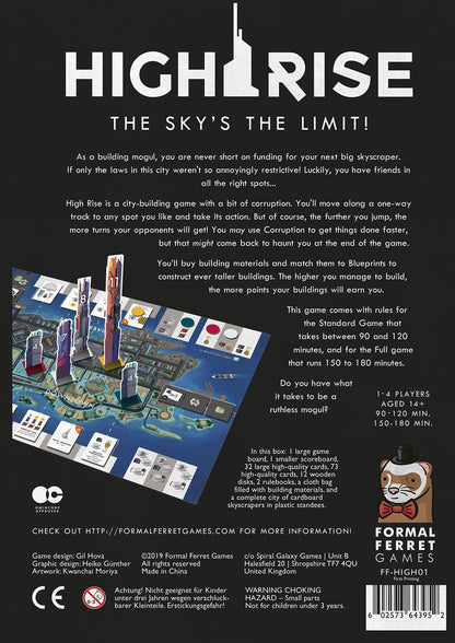 The High Rise board game box shows a detailed city map with numerous tall skyscraper pieces, colourful game cards, and descriptive text