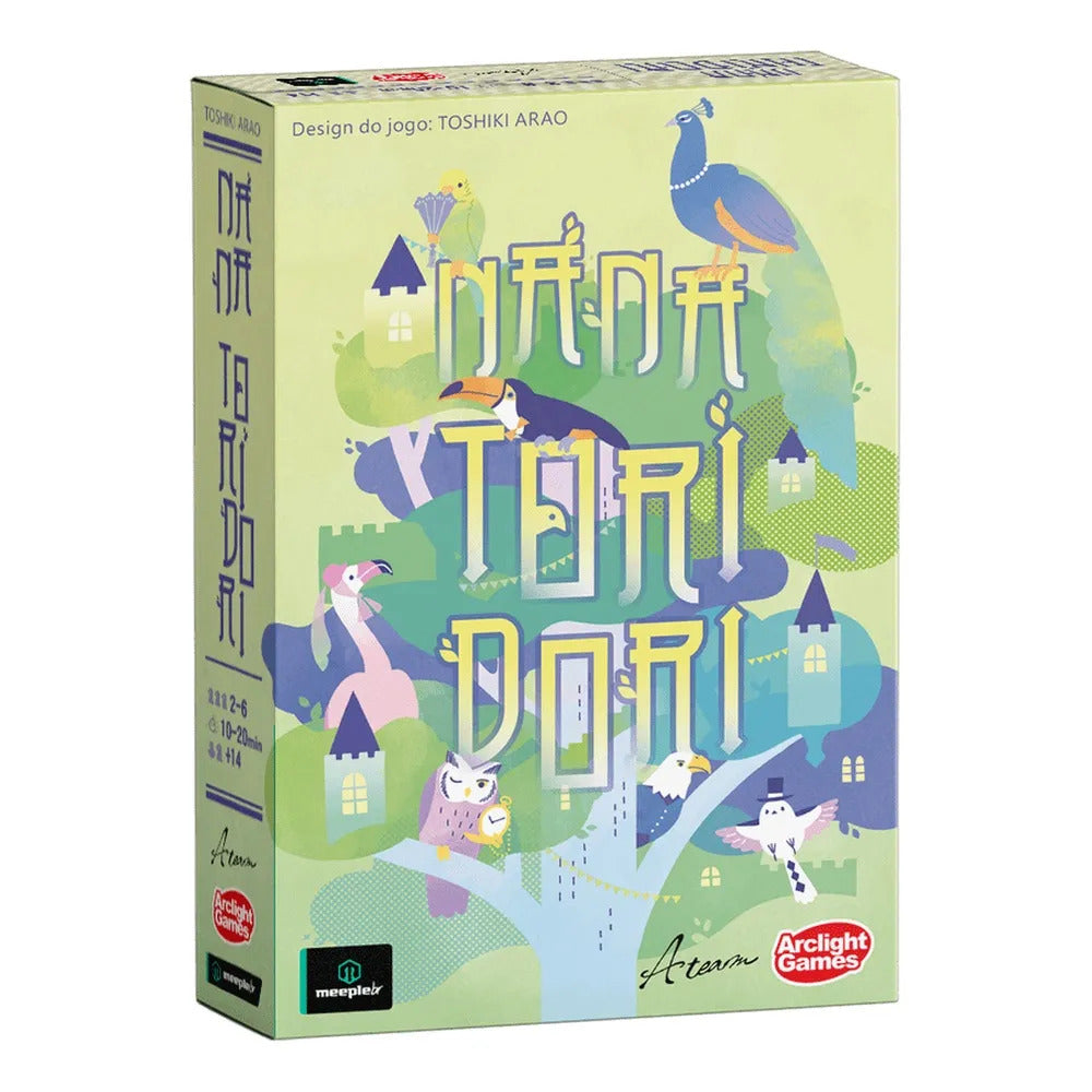 Nanatori Dori board game box light green with illustrations of colorful birds like toucan peacock flamingo and owl in a whimsical landscape