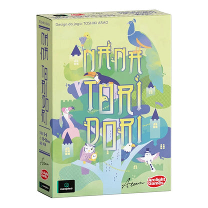 Nanatori Dori board game box light green with illustrations of colorful birds like toucan peacock flamingo and owl in a whimsical landscape