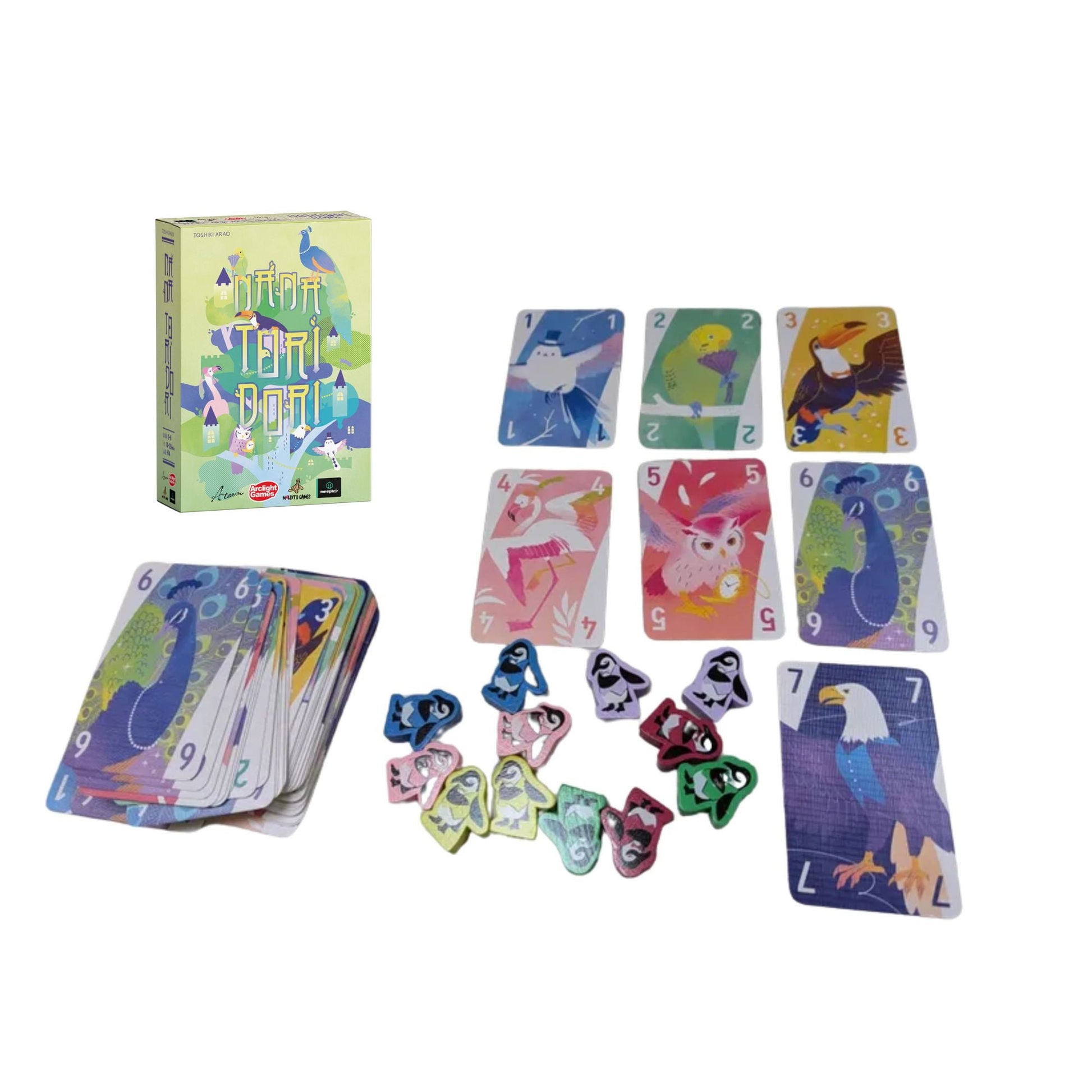 Board game Tori Dori featuring bird-themed cards like peacocks owls penguins toucans and snowmen along with colorful bird-shaped tokens