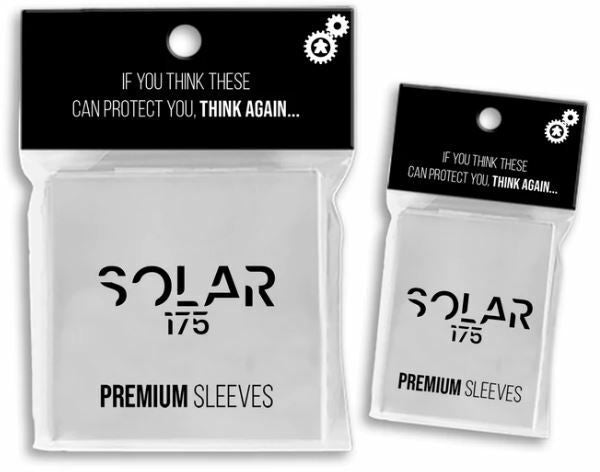 SOLAR 175 PREMIUM SLEEVES, clear plastic card sleeves in two sizes, black header with gears