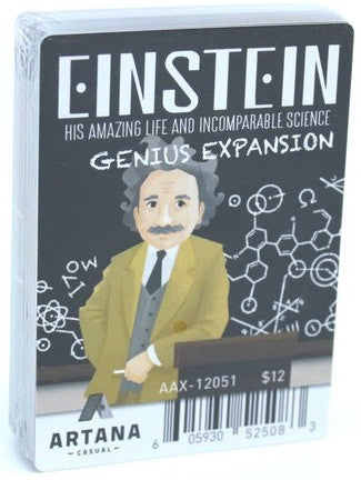 Einstein Genius Expansion game cards featuring a cartoon illustration of Einstein and mathematical equations