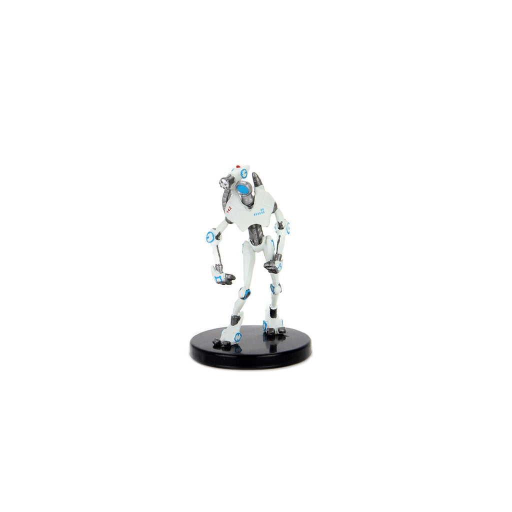 White robot collectible figure with blue accents, resembling a Portal game character, standing on a black base