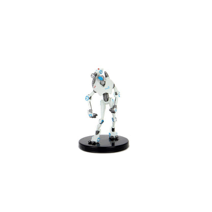 White robot collectible figure with blue accents, resembling a Portal game character, standing on a black base