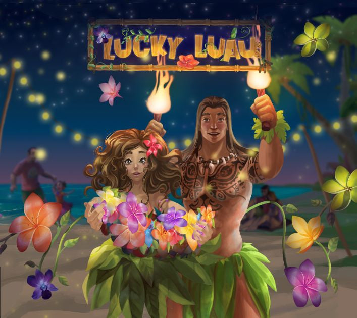 Product packaging showing the front of a card game box with festive Hawaiian-themed artwork
