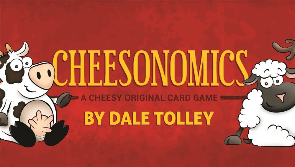Cheesonomics card game box with cartoon cow and sheep on a red background with golden text