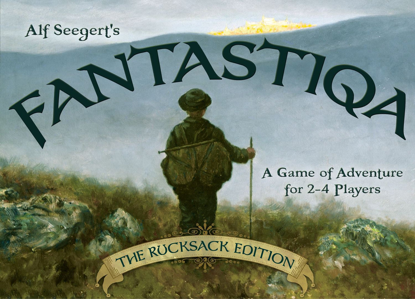 Fantasticka The Rucksack Edition board game box featuring a painting of a figure with a pack and walking stick in a misty landscape