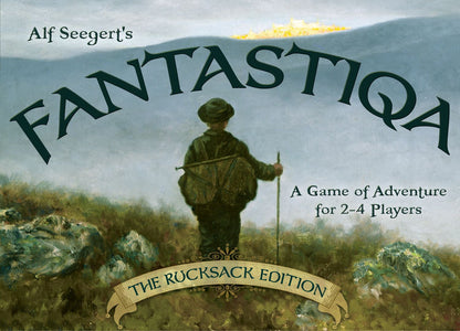 Fantasticka The Rucksack Edition board game box featuring a painting of a figure with a pack and walking stick in a misty landscape