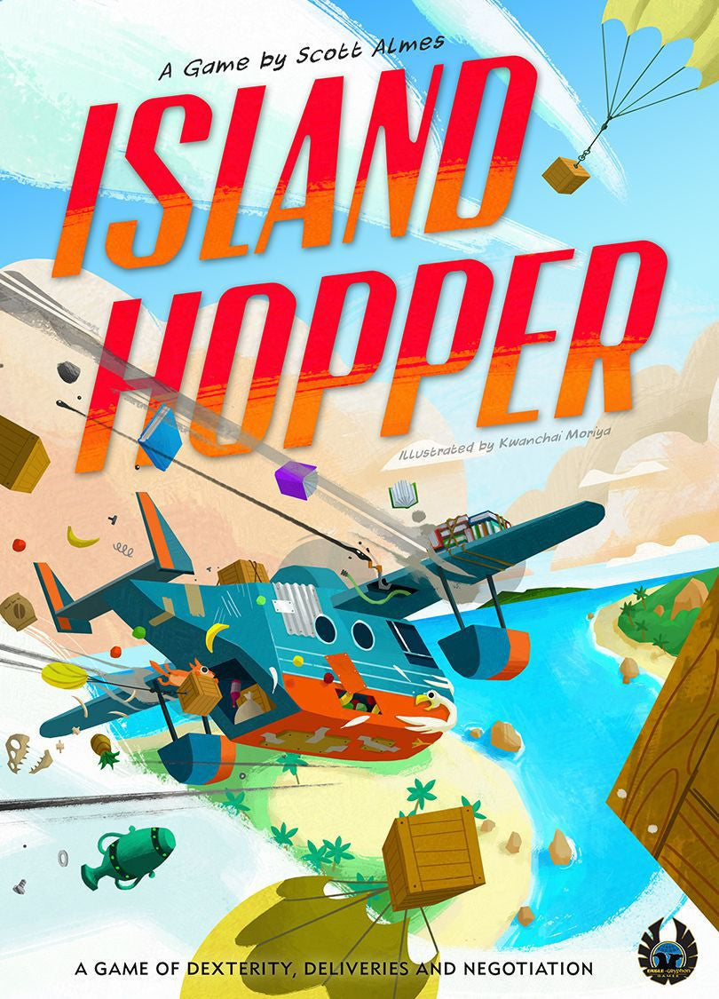 Island Hopper game box art with colorful title over plane dropping packages and fruit over tropical islands