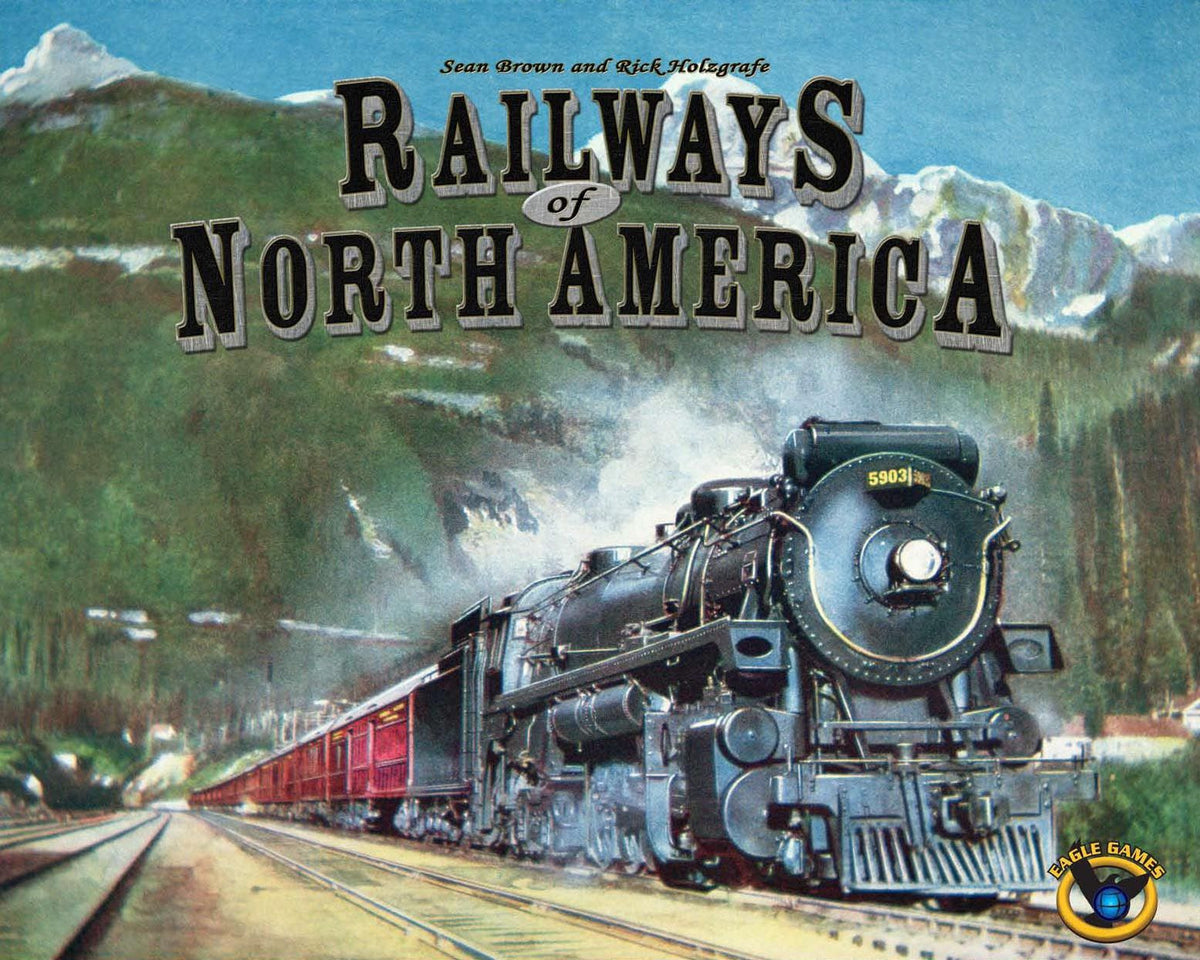 Artwork of a classic black steam train pulling red cargo cars through a mountain pass under the title Railways of North America