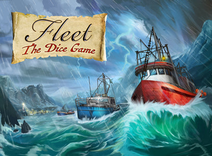 Fleet: The Dice Game 2nd Edition close-up of player cards and dice in play, highlighting game mechanics for 1 to 4 players