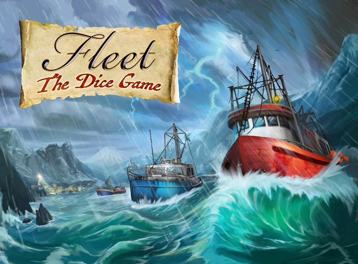 Fleet: The Dice Game 2nd Edition close-up of player cards and dice in play, highlighting game mechanics for 1 to 4 players
