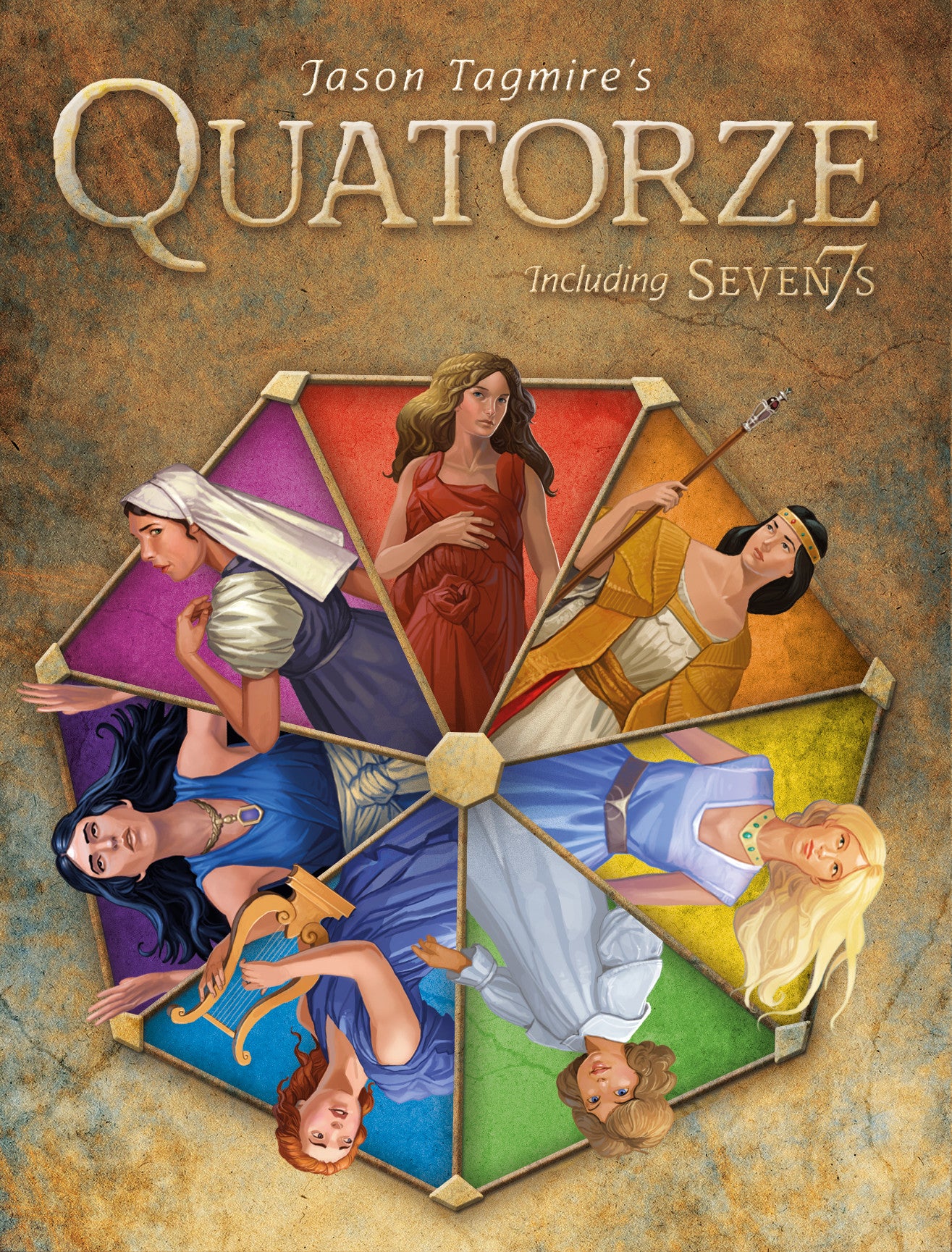 Quatorze rulebook cover with title and subtitle Including SevenS featuring seven women in historical dress surrounding a central golden octagon