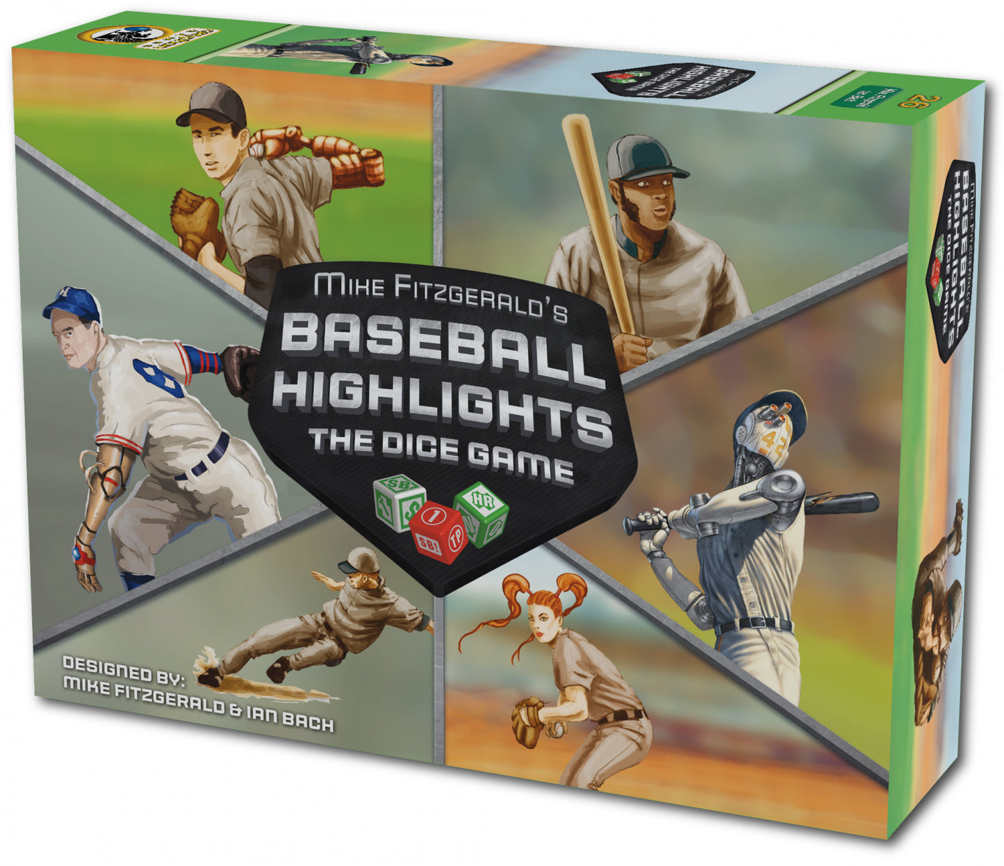 Box cover for Mike Fitzgerald's Baseball Highlights The Dice Game featuring illustrations of diverse baseball players including classic futuristic and female athletes