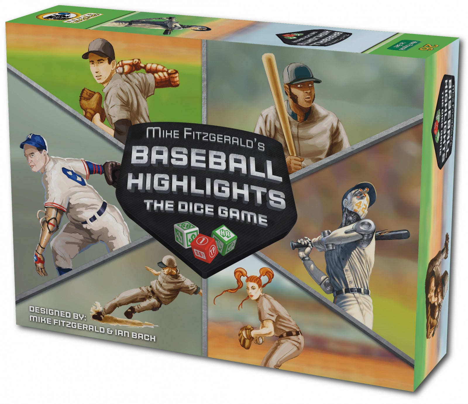 Box cover for Mike Fitzgerald's Baseball Highlights The Dice Game featuring illustrations of diverse baseball players including classic futuristic and female athletes