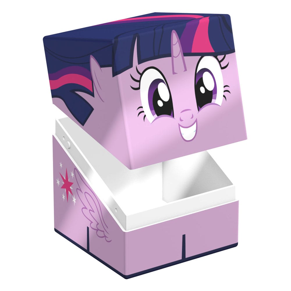 Purple Ultimate Guard Squaroes box featuring Twilight Sparkle&#39;s smiling face on the lid and her cutie mark on the open base, revealing a white interior