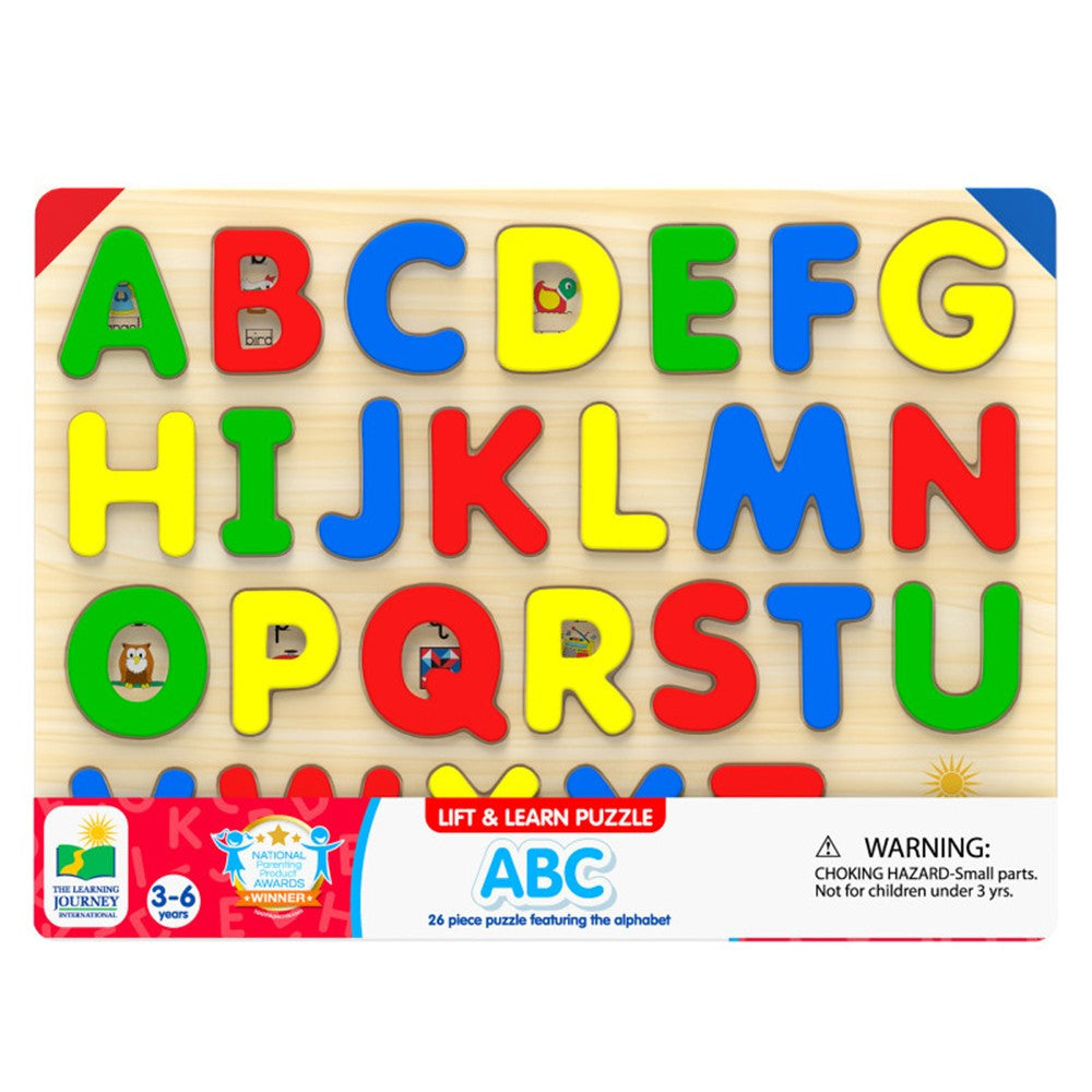 Wooden lift and learn puzzle board featuring the full alphabet (A-Z) in multicoloured, chunky letters