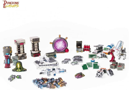 Diverse miniature sci-fi terrain pieces: towers, a glowing portal, crates and futuristic equipment