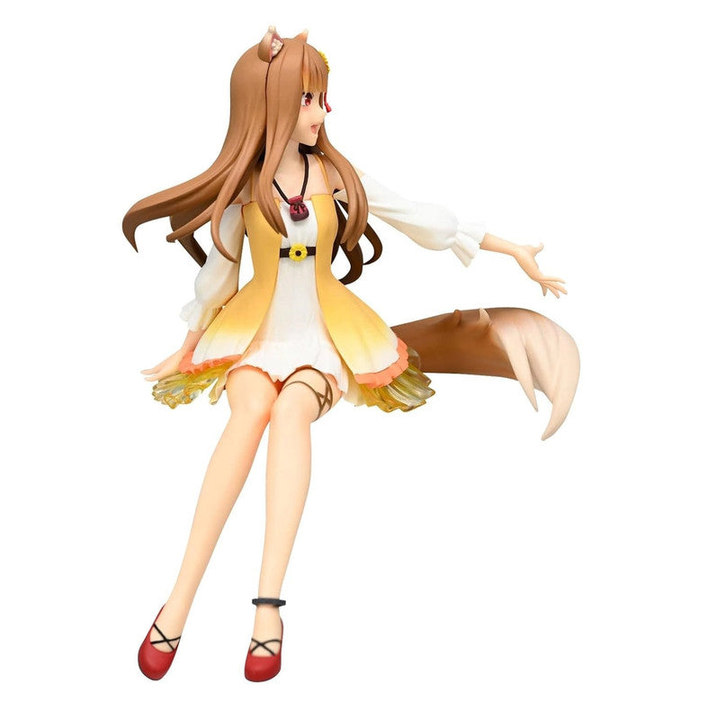 Anime figure of a long-haired girl with fox ears and tail wearing a white dress with a yellow vest and red shoes