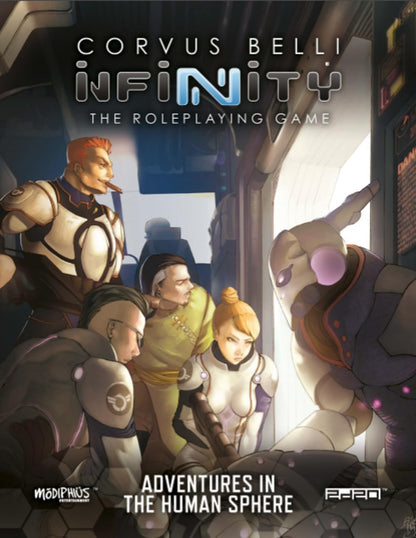 Infinity RPG Adventures in the Human Sphere Book cover: A team of five diverse sci-fi characters inside a spacecraft, one points at a screen
