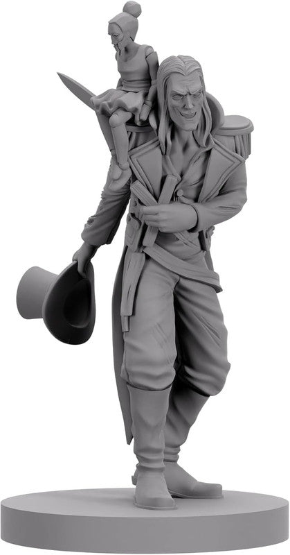 Gray miniature of a grinning man holding a top hat, with a sword-wielding doll on his shoulder
