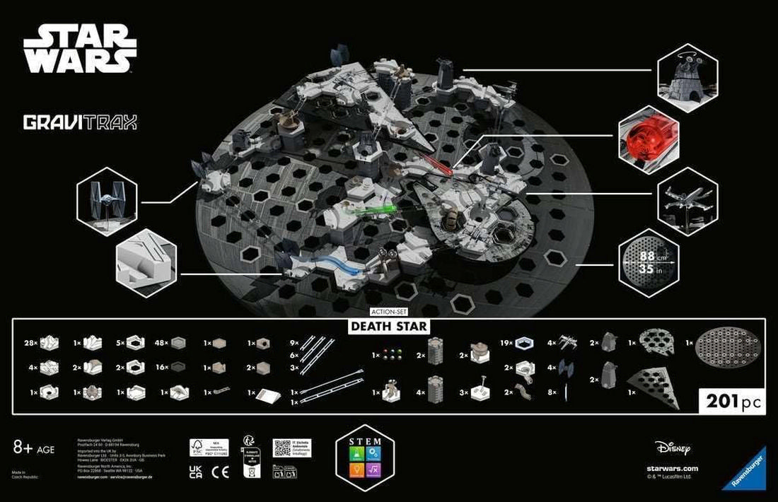 Star Wars GraviTrax Death Star Action Set showing a hexagonal track layout with the Millennium Falcon and other ships