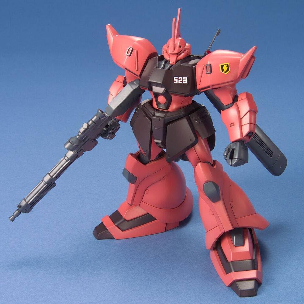 Red Mobile Suit plastic model (Gunpla) holding a rifle against a blue background