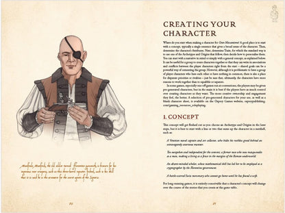 A bald man with an eye patch and scar in historical attire, meticulously examining a three-barrel pistol