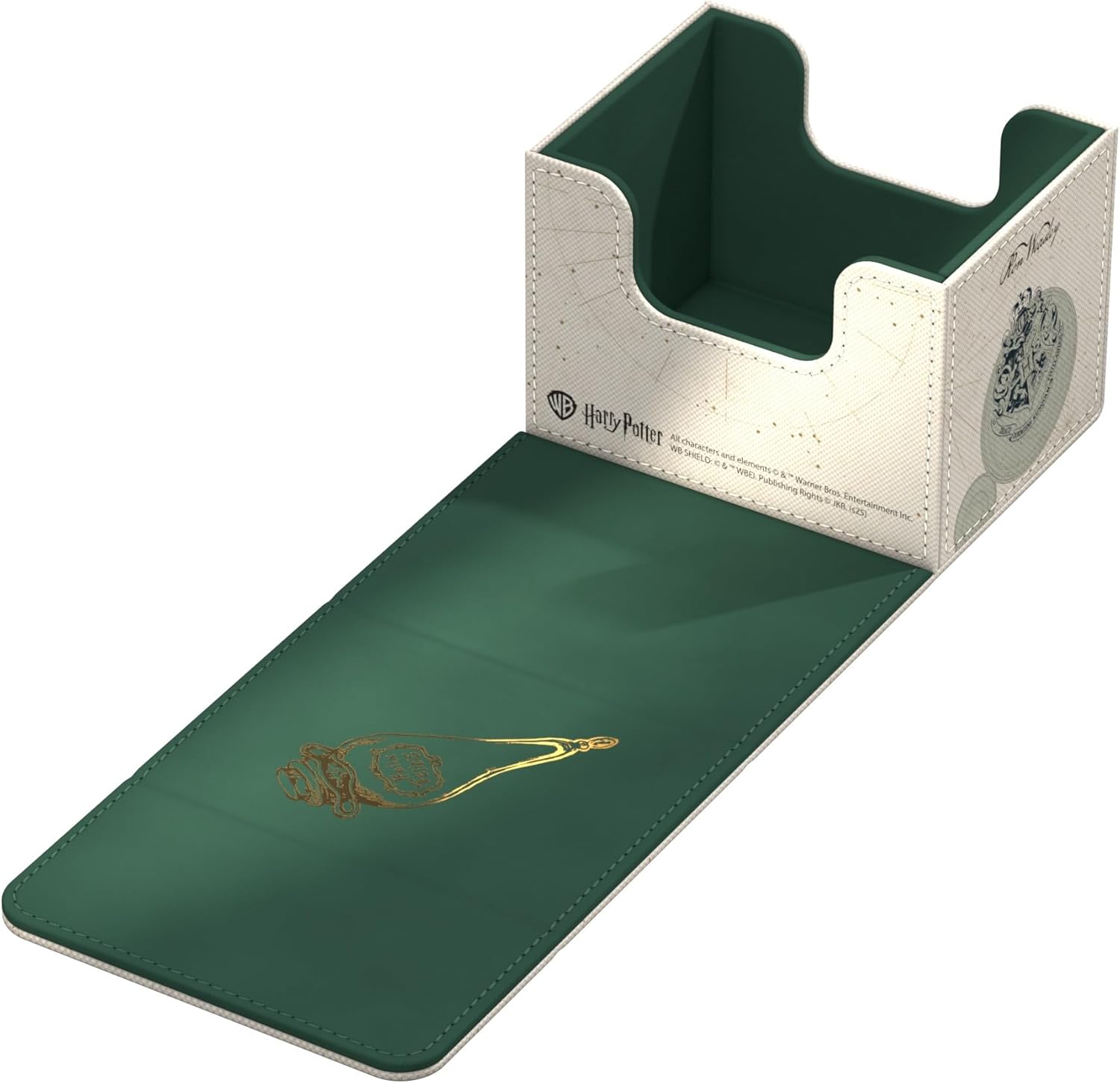 Open white and green Harry Potter deck box. The lay-flat flap shows a gold Liquid Luck potion bottle design