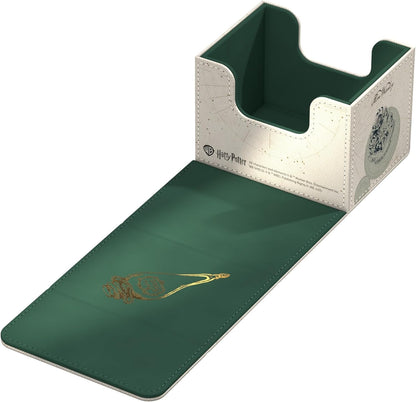 Open white and green Harry Potter deck box. The lay-flat flap shows a gold Liquid Luck potion bottle design